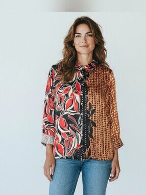 Soft Surroundings Washable Silk Blouse Tigris Contrast Print Artsy Button Up 2X
